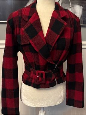 Rampage Vintage Red Black Buffalo Plaid Wool Blend Moto Style Jacket Size Medium